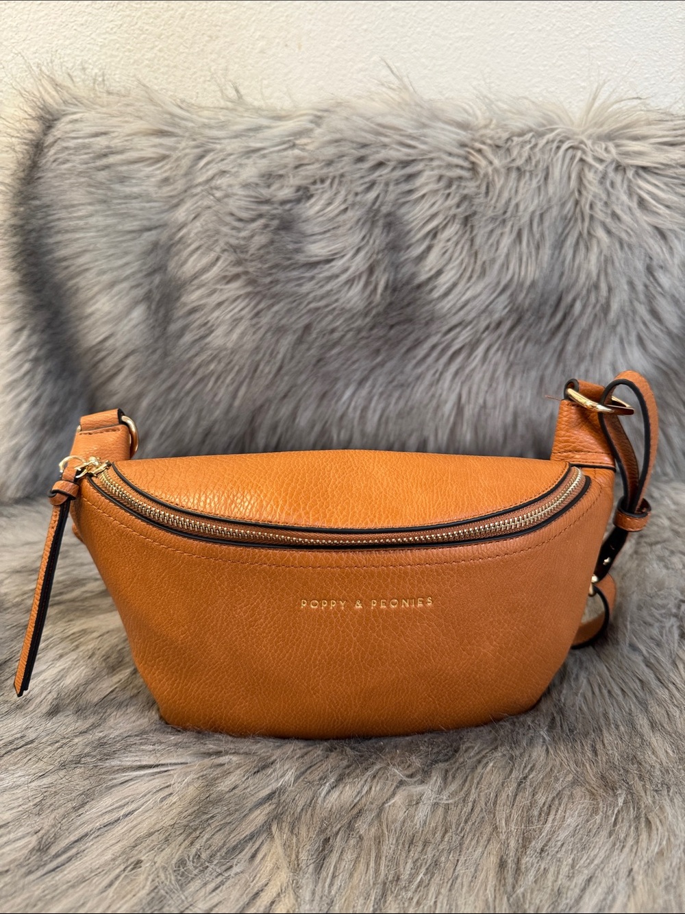 Poppy & Peonies Cognac Brown Faux Leather Sling Belt Bag